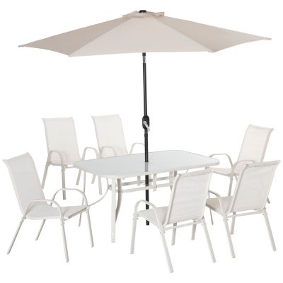 Outsunny Set Complet Mobilier de Gradina 8 Piese, Masa, Scaune, Umbrela de Soare cu Inclinare, Aluminiu, Design Elegant, Alb Crem | Aosom Romania