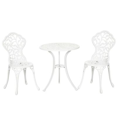 Outsunny Set pentru gradina 3 bucati din aluminiu alb cu design floral, 2 scaune pentru exterior 45x42x85.5 cm si masa rotunda Ø61x66.5 cm | AOSOM RO