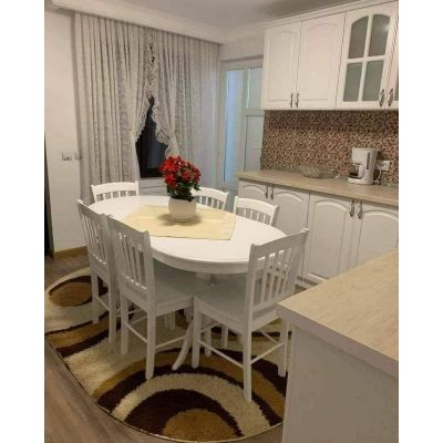 SET LID 61 MASA LEMN 160 cm restransa-200-240-280 cm lățime 100 pretabila pt 12 persoane + 6 SCAUNE ALBE LEMN