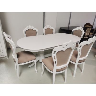 Set lux masa alba extensibila 150/190/90/77 h + 6 scaune tapitate bej PERSONALIZABIL PE CULORI