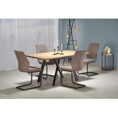 Set masa extensibila din MDF, furnir si metal, Capitano II Stejar / Negru + 4 Scaune tapitate cu piele ecologica si picioare metalice Kai-272 Bej Inchis / Negru, L160-200xl90xH76 cm