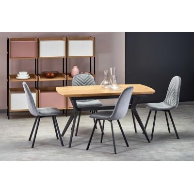 Set masa extensibila din MDF si metal, Gustavus Stejar Auriu / Negru + 4 Scaune tapitate cu stofa si picioare metalice, Kai-462 Velvet Gri / Negru, L140-180xl80xH76 cm