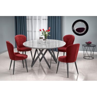 Set masa rotunda din MDF si metal Gustasima Gri / Negru + 4 scaune tapitate cu stofa Kai-366 Bordeaux / Negru, Ø140xH77 cm