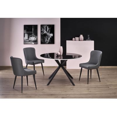 Set masa rotunda din sticla, MDF si metal, Avelyn Negru / Alb + 4 Scaune tapitate cu stofa si piele ecologica, cu picioare metalice Kai-333 Gri Inchis / Gri Deschis / Negru, Ø120xH76 cm