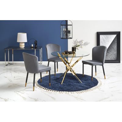 Set masa din sticla si metal, Raymandi Transparent / Auriu + 4 Scaune tapitate cu stofa si picioare metalice, Kai-446 Velvet Gri / Negru / Auriu, Ø100xH73 cm