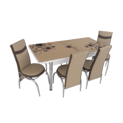 Set masa extensibila cu 4 scaune, PAL, blat sticla securizata, maro + crem, 169 x 80 cm