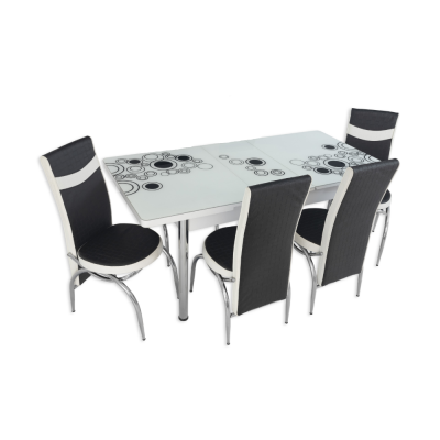 Set masa extensibila cu 4 scaune, PAL, blat sticla securizata, negru + alb, 169 x 80 cm