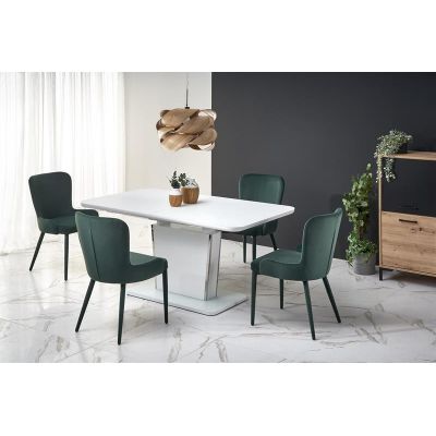 Set masa extensibila din sticla, MDF si metal, Bonnye Alb + 4 Scaune tapitate cu stofa si picioare metalice, Kai-425 Velvet Verde Inchis, L160-200xl90xH76 cm
