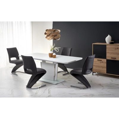 Set masa extensibila din sticla, MDF si metal, Bonnye Alb + 4 Scaune tapitate cu stofa si piele ecologica, cu picioare metalice, Kai-441 Gri / Negru, L160-200xl90xH76 cm
