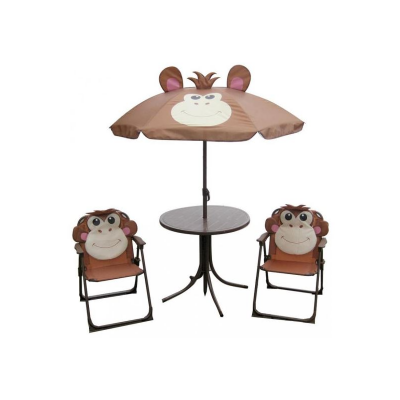 Set mobilier pentru gradina pliabil pentru copii MCT Garden, compus din 1 masa cu umbrela, 2 scaune, Maro