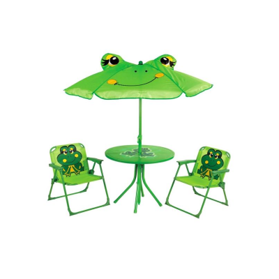 Set mobilier pentru gradina pliabil pentru copii MCT Garden, compus din 1 masa cu umbrela, 2 scaune, Verde