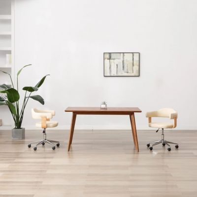 Scaun de birou pivotant crem lemn curbat și piele ecologică