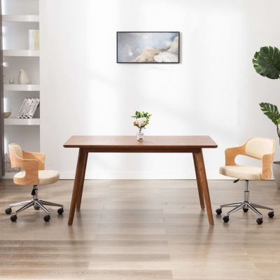 Scaun de birou pivotant crem lemn curbat și piele ecologică