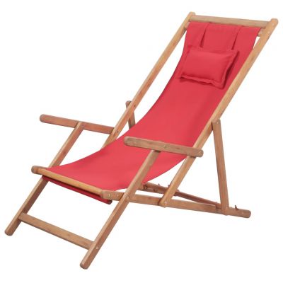 Scaun de plajă pliabil roșu textil și cadru din lemn