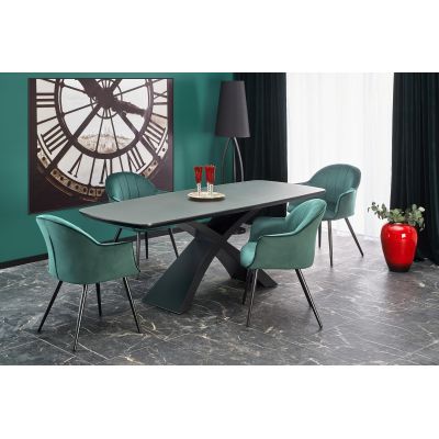 Set masa extensibila din MDF si sticla, Silvanis Gri Inchis / Negru + 4 Scaune tapitate cu stofa si picioare metalice, Kai-468 Velvet Verde Inchis / Negru, L180-220xl89xH75 cm