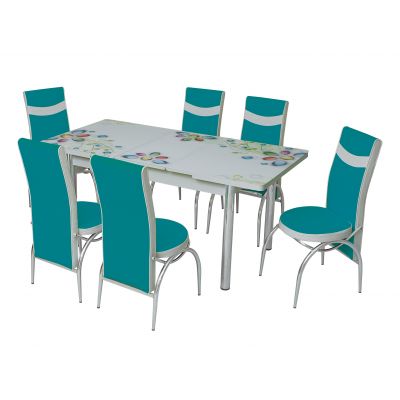 Set masa extensibila cu 6 scaune, Arta Primavera din pal melaminat albastru/alb, 169 x 80 cm