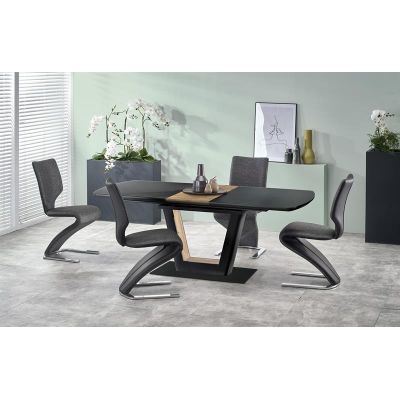 Set masa extensibila din MDF si sticla, Farley Negru / Nuc + 4 Scaune tapitate cu stofa si piele ecologica, cu picioare metalice Kai-307 Gri inchis / Negru, L160-200xl90xH77 cm