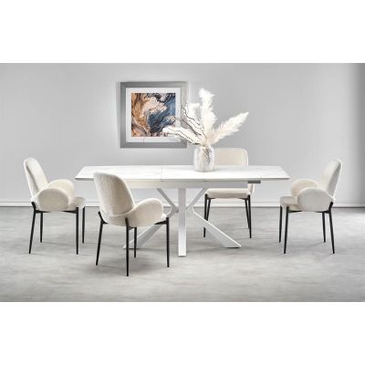 Set masa extensibila din piatra sinterizata, MDF si metal, Vivaro Marmura / Alb + 4 Scaune tapitate cu stofa si picioare metalice, Kai-477 Crem / Negru, L160-200xl89xH78 cm