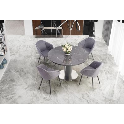 Set masa extensibila din sticla, MDF si metal, Ricko Gri / Gri Inchis + 4 Scaune tapitate cu stofa si picioare metalice, Kai-420 Gri / Negru, L120-160xl120xH76 cm