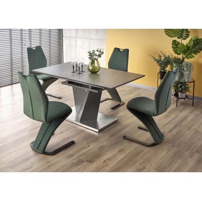 Set masa extensibila din sticla, MDF si metal, Salvo Gri Inchis + 4 Scaune tapitate cu stofa si picioare metalice, Kai-442 Velvet Verde Inchis / Negru, L160-200xl90xH77 cm