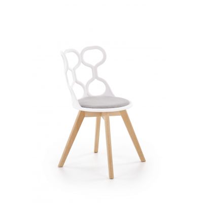 Scaun din plastic, cu sezut tapitat cu stofa si picioare din lemn K308 Alb / Gri / Natural, l43xA50xH80 cm Scaun din plastic, cu sezut tapitat cu stofa si picioare din lemn K308 Alb / Gri / Natural, l43xA50xH80 cm