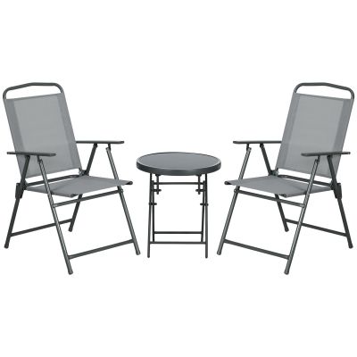 Outsunny Set de Exterior din 3 Piese cu Masă  cu Blat din Sticlă și 2 Scaune Pliabile din Plasă, Ф45x50 cm, Gri Deschis | Aosom Romania