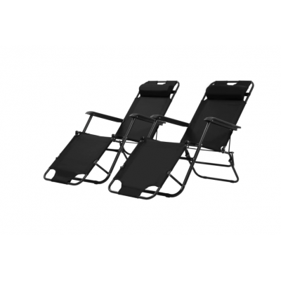 Set De 2 Sezlonguri Cu Suport De Picioare, Pliabile, Tesatura, Greutate Maxima 120 Kg, Poliester, Cadru Din Otel, Moderne, Culoare Negru