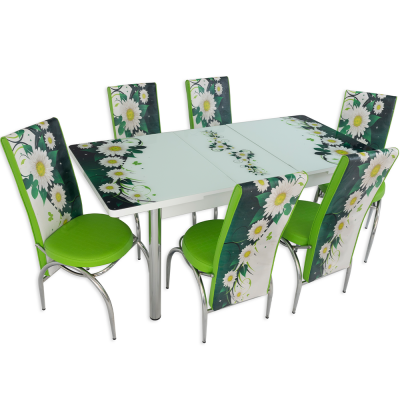 Set masa extensibila cu 6 scaune Arta Table Daisy, Pal melaminat, alb + verde cu flori, 169 x 80 cm