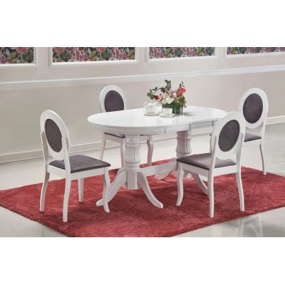 Set masa extensibila din lemn si MDF Josette Alb + 4 scaune tapitate cu stofa Brook Alb / Gri, L150-190xl90xH77 cm