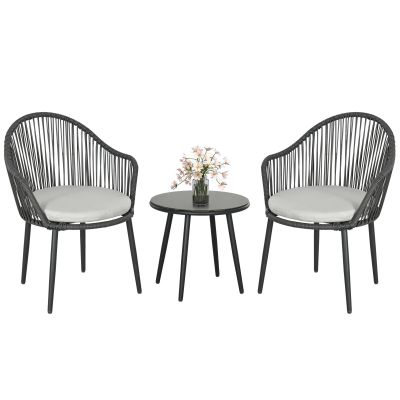 Outsunny Set Bistro de Terasă din 3 Piese, Set de Mobilier din Rachiță cu 2 Fotolii și Masă de Sticlă, 65x63x80 cm, Gri | Aosom Romania