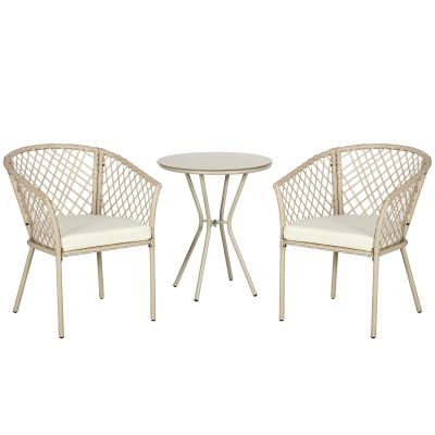 Outsunny Set Mobilier de Grădină din Ratan PE, Set Bistro 3 Piese cu Masă de Sticlă și Perne Moi, Mobilier de Conversație | Aosom Romania