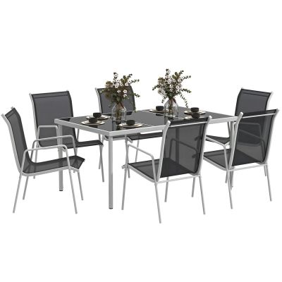 Outsunny Set de Grădină cu Masă Dreptunghiulară din Sticlă și 6 Scaune Stivuibile, 150x90x72 cm, Negru | Aosom Romania