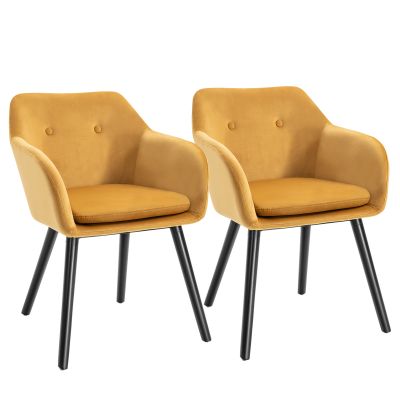 HOMCOM Set de 2 scaune pentru sufragerie cu cotiere, scaune pentru bucatarie tapitate cu catifea cu picioare din lemn, 54x56x74cm, galben