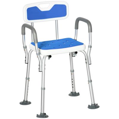 HOMCOM Scaun de Duș cu Căptușeală EVA și Înălțime Reglabilă, Cotiere, Picioare cu Ventuză și Aluminiu, 56,5x53,5x74-87 cm, Albastru | Aosom Romania
