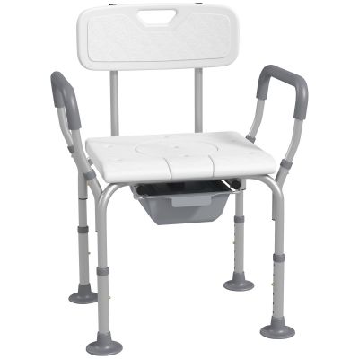 HOMCOM Scaun de Duș cu Spătar și Brațe, Toaletă cu Înălțime Reglabilă, Scaun de Toaletă cu Plăcuță de Picior, 53,5x46x70-82,5 cm, Alb | Aosom Romania