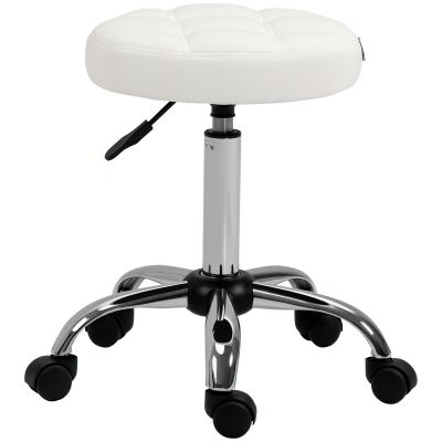HOMCOM Scaun Rotativ cu Roti, Rotund, Scaun pentru Coafor și Estetician cu Înălțime Ajustabilă, Tapițat în Piele Ecologică, Ø35.5x51-67 cm, Alb