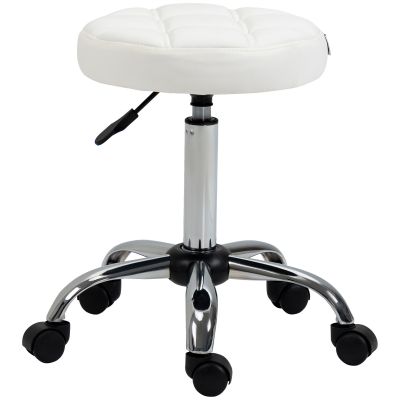 HOMCOM Scaun Rotativ cu Roti, Rotund, Scaun pentru Coafor și Estetician cu Înălțime Ajustabilă, Tapițat în Piele Ecologică, Ø35.5x51-67 cm, Alb
