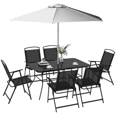Outsunny Set de grădină cu Masă, 6 Scaune Pliante și Umbrelă de Soare cu Manivelă, Set pentru Exterior din 8 piese, 140x90x70 cm, Gri