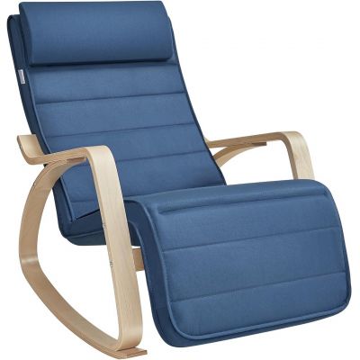 Scaun balansoar reglabil in 5 pozitii, Vasagle, 67x121.5x84 cm, max 150 kg, lemn de mesteacan/policoton, albastru/natural