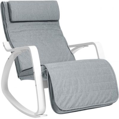 Scaun balansoar reglabil in 5 pozitii, Vasagle, 67x121.5x84 cm, max 150 kg, lemn de mesteacan/textil cu aspect de in, gri deschis/alb
