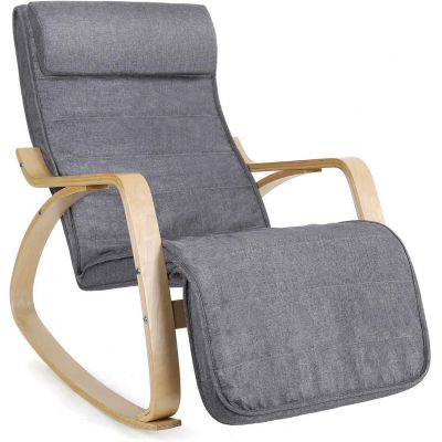 Scaun balansoar reglabil in 5 pozitii, Vasagle, 67x121.5x84 cm, max 150 kg, lemn de mesteacan/textil cu aspect de in, gri/natural