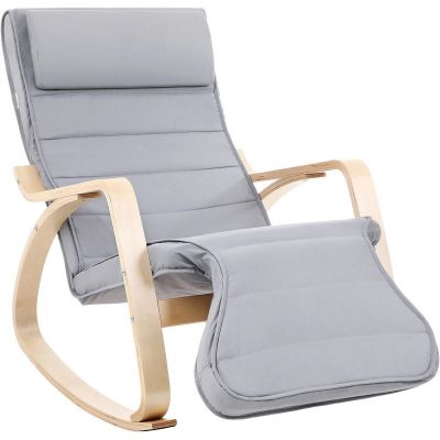 Scaun balansoar reglabil in 5 pozitii, Songmics, 67x125x91 cm, max 150 kg, lemn de mesteacan/bumbac, gri deschis/natural