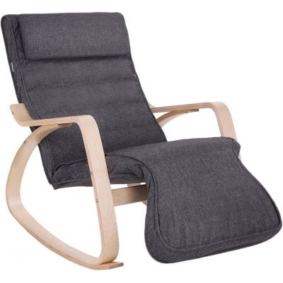 Scaun balansoar reglabil in 5 pozitii, Vasagle, 67x125x91 cm, max 150 kg, lemn de mesteacan/textil cu aspect de in, gri inchis/natural