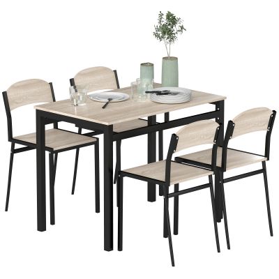Set HOMCOM de Masă și 4 Scaune, Design Dreptunghiular, Oțel și MDF, Negru și Lemn Natural, 100x63x76.5cm și 45x40x82cm | Aosom Romania