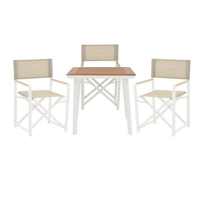 Set de 3 buc masa si scaune de gradina Mabu-Synergy aluminiu alb si placaj culoare natur 80x80x74 cm
