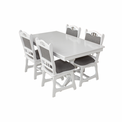 Set masa extensibila EUROPA dreptunghiulara cu 4 scaune FLANDER stofa gri, lemn masiv, alb, 160 240x90x70 cm