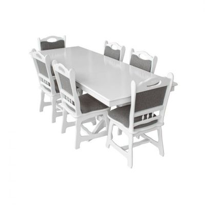 Set masa extensibila EUROPA dreptunghiulara cu 6 scaune FLANDER stofa gri, lemn masiv, alb, 160 240x90x70 cm