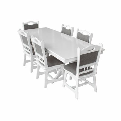 Set masa extensibila EUROPA dreptunghiulara cu 6 scaune FLANDER stofa gri, lemn masiv, alb, 160 240x90x70 cm