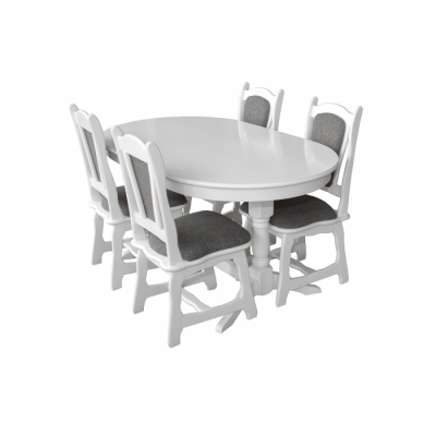 Set masa extensibila EUROPA ovala cu 4 scaune IZA stofa gri, lemn masiv, alb, 160 240x90x70 cm