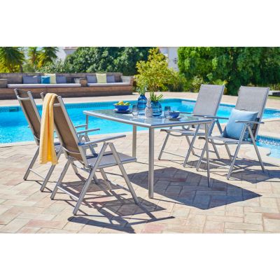 SCAUN PLIANT DE EXTERIOR in metal, textil argintiu, maro deschis